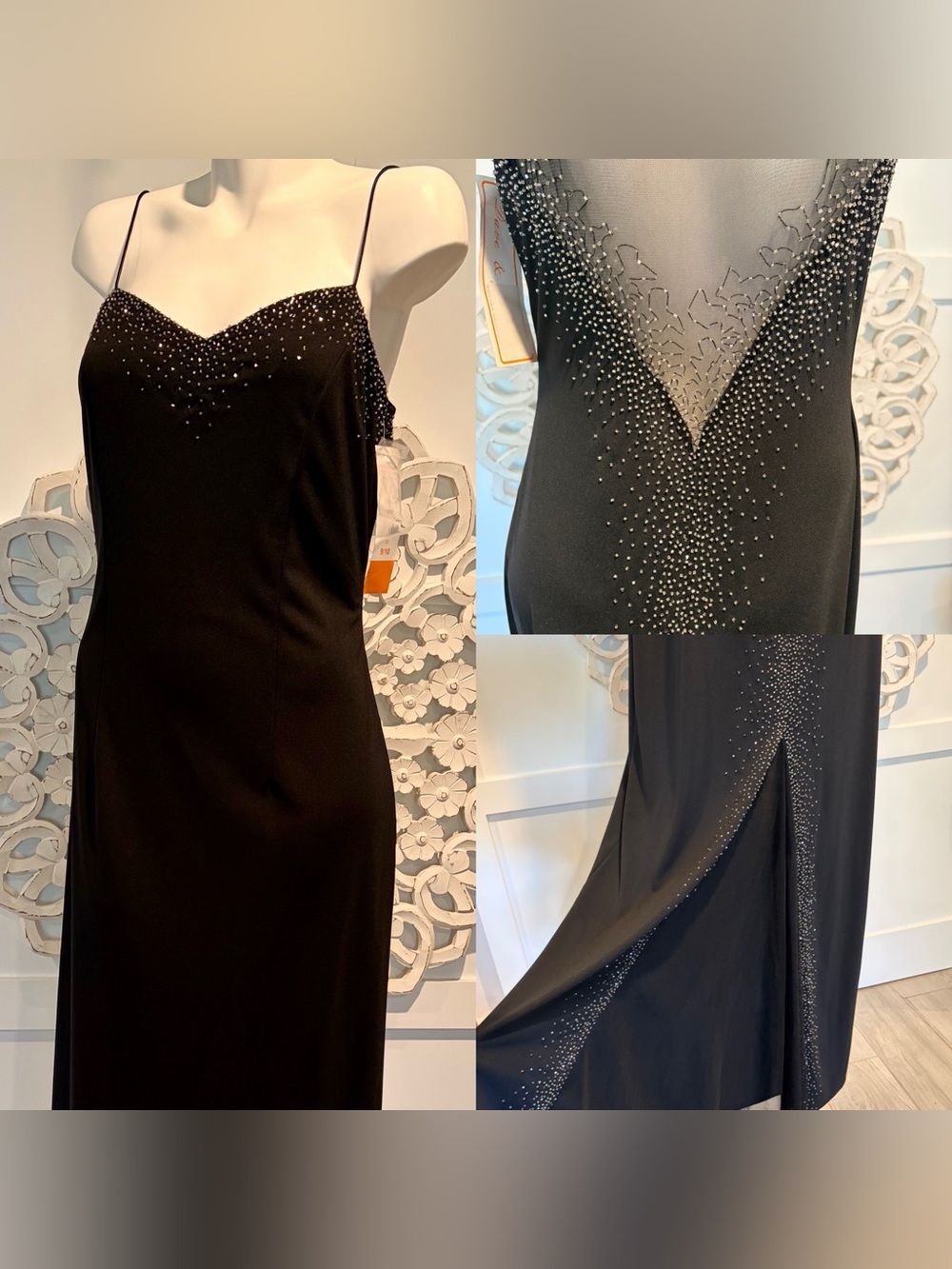 Dave & Johnny Black Beaded Sheer Mesh Back Long Evening Gown NYE Dress 9/10 NWT